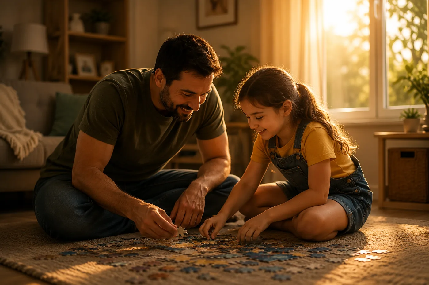 Pai e filha montando quebra-cabeça juntos